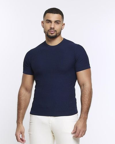 River Island Navy Muscle Fit Brick Knit T-shirt - Blue