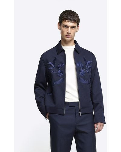 River Island Navy Regular Fit Embroidered Floral Jacket - Blue