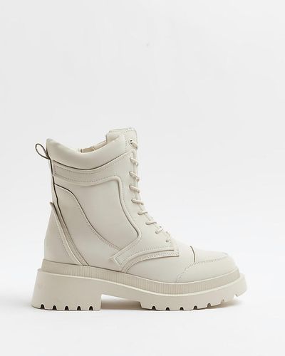 River Island Cream Padded Biker Ankle Boots - Natural