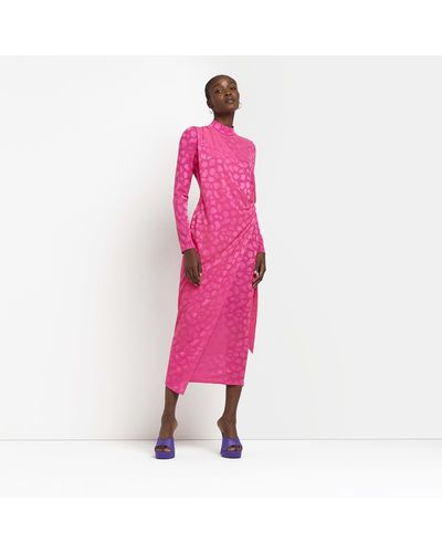 River Island Pink Animal Print Satin Wrap Midi Dress