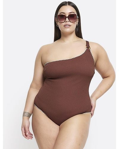 River Island Stitched One Shoulder Swimsuit - Brown