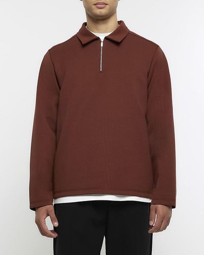 River Island Brown Regular Fit Neoprene Half Zip Polo