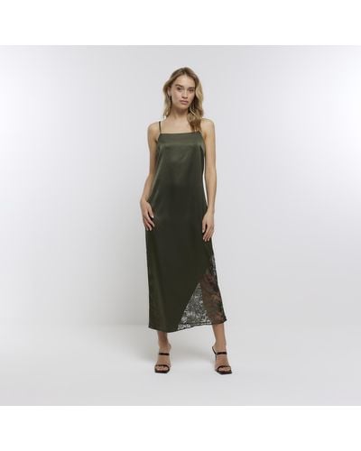 River Island Khaki Lace Slip Midi Dress - Green