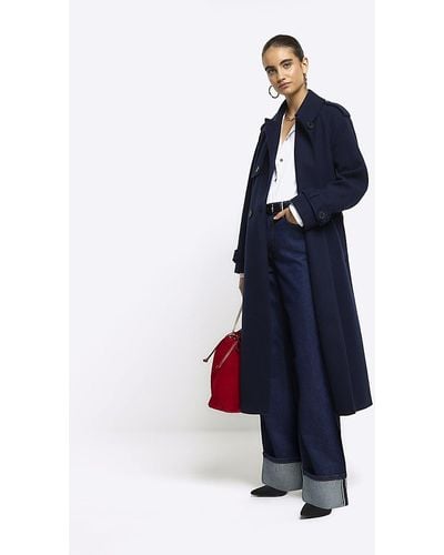 River Island Navy Belted Longline Trench Coat - Blue