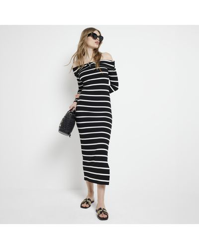 River Island Black Ribbed Stripe Bardot Bodycon Maxi Dress