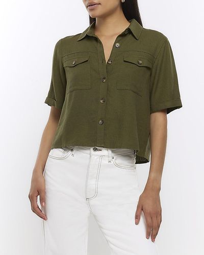 River Island Khaki Utility Cropped Shirt With Linen - Green