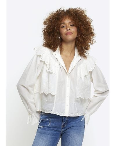River Island Embroidered Frill Blouse - White