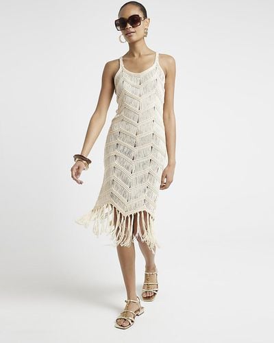 River Island Cream Crochet Fringe Hem Bodycon Midi Dress - White