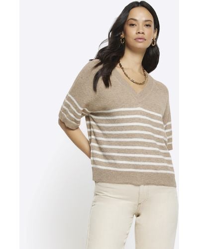 River Island Beige Knit Stripe T-shirt - Natural