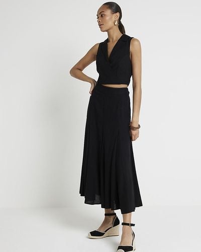 River Island Black Linen Blend Midi Skirt