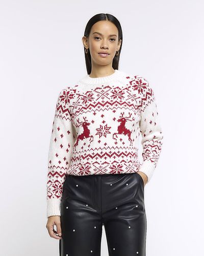 River Island Red Christmas Reindeer Sweater - White