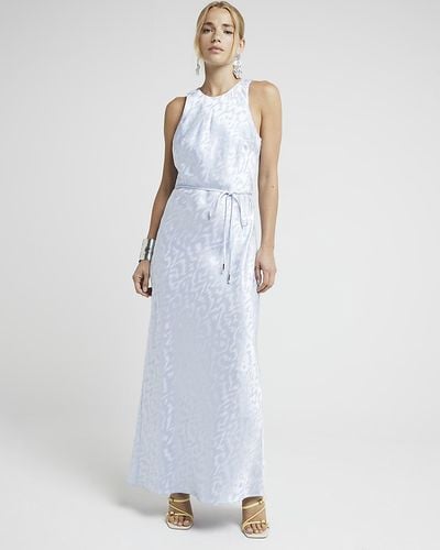 River Island Blue Jacquard Belted Slip Maxi Dress - White