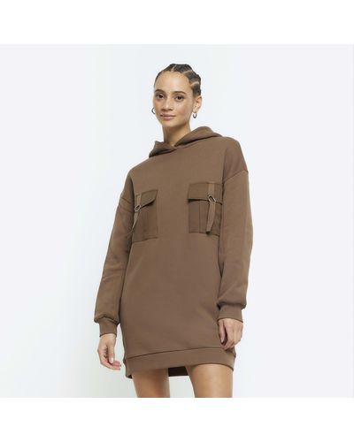 River Island Khaki Utility Hooded Sweatshirt Mini Dress - Brown