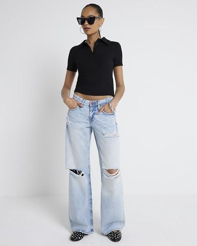 River Island Blue Low Waist Baggy Wide Ripped Jeans