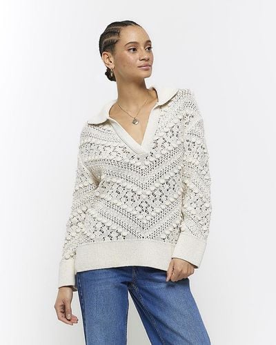 River Island Crochet Collared Sweater - White