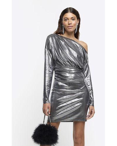 River Island Silver Drape Asymmetric Bodycon Mini Dress - Gray