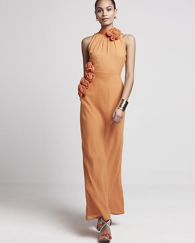 River Island Rust Corsage High Neck Slip Maxi Dress - White