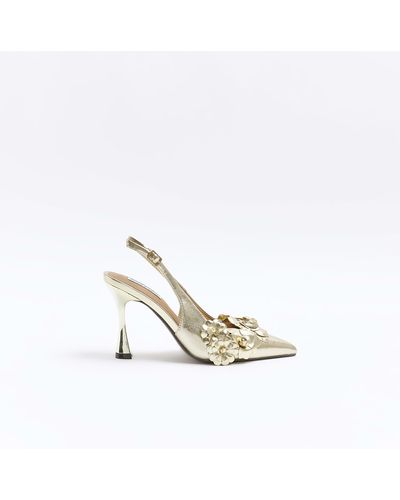 River Island Gold Flower Sling Back Heeled Court Shoes - White