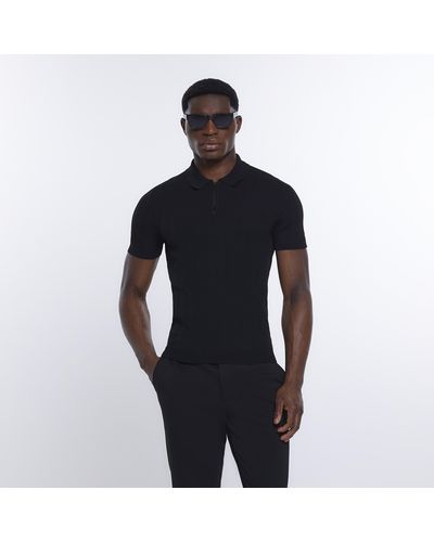 River Island Black Muscle Fit Ribbed Zip Up Polo Shirt - Blue