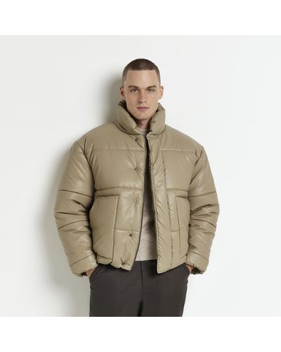 River Island Brown Regular Fit Faux Leather Puffer Jacket