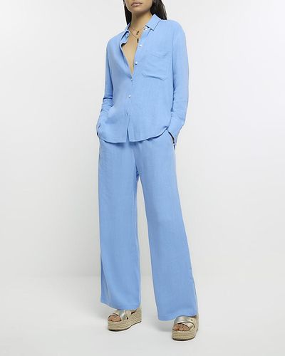 River Island Blue Wide Leg Trousers With Linen