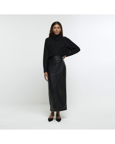River Island Faux Leather Tailored Midi Skirt - Black