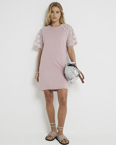 River Island Pink Broderie Sleeve T-shirt Mini Dress