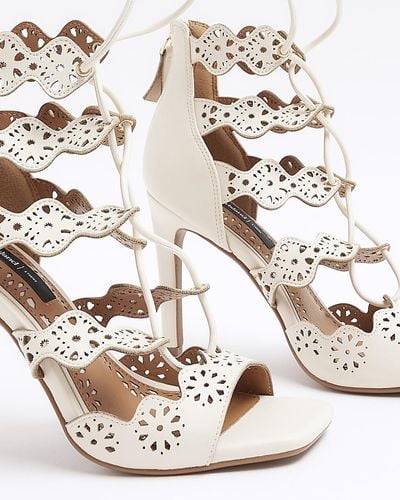 River Island Cream Cut Out Tie Up Heeled Sandals - White