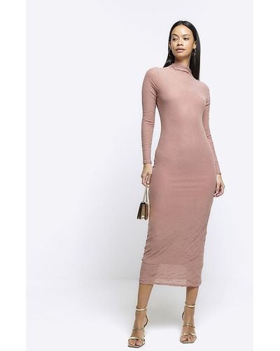 River Island Pink Mesh Long Sleeve Bodycon Midi Dress