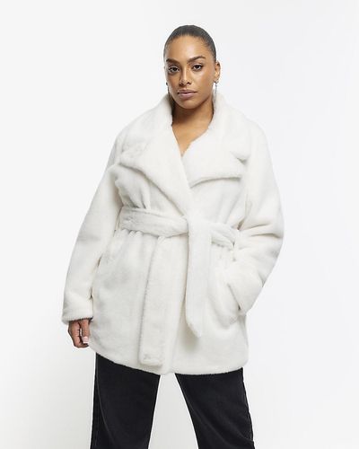 River Island Plus Cream Faux Fur Belted Coat - White