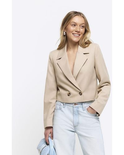River Island Beige Double Breasted Crop Blazer - Natural