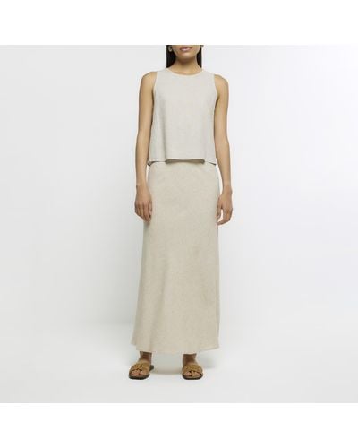River Island Beige Midi Skirt With Linen - Natural