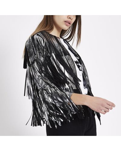 River Island Faux Suede Fringe Jacket - Metallic