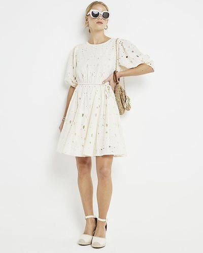 River Island Cream Broderie Belted Swing Mini Dress - Natural