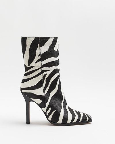 River Island Black Leather Animal Print Heeled Ankle Boots - White