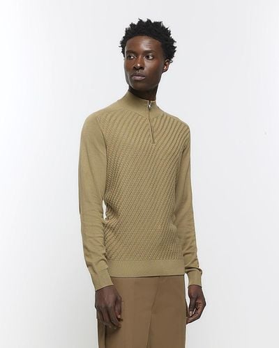 River Island Khaki Slim Diagonal Stitch Half Zip Sweater - Natural