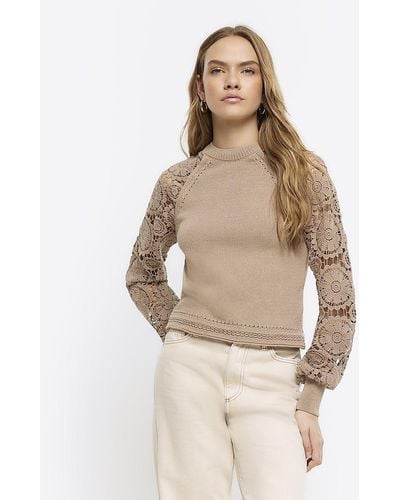 River Island Brown Lace Long Sleeve Jumper - Natural