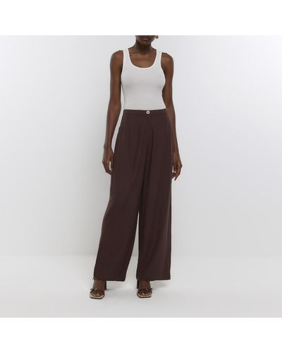 River Island Brown Pleated Wide Leg Trousers With Linen