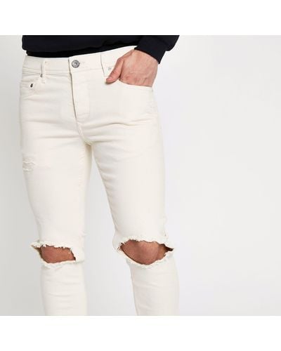 River Island Cream Sid Ripped Skinny Jeans - Natural