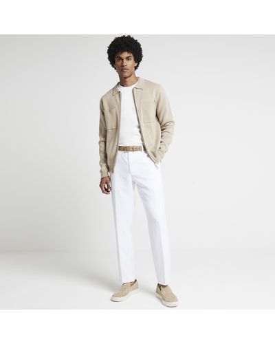 River Island Beige Regular Fit Knitted Zip Up Shirt - White