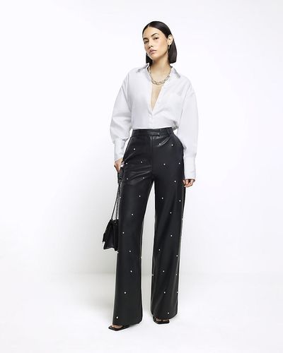 River Island Black Faux Leather Pearl Detail Trousers - White