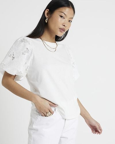 River Island Petite White Floral Puff Sleeves Top