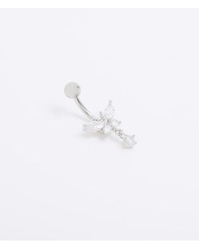 River Island Silver Stainless Steel Butterfly Belly Bar - White