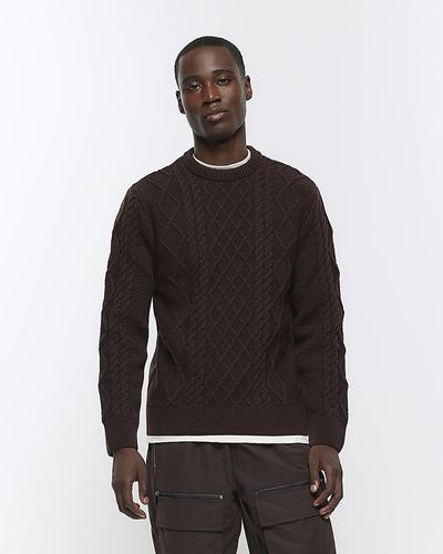 River Island Brown Slim Fit Cable Knit Sweater - Black