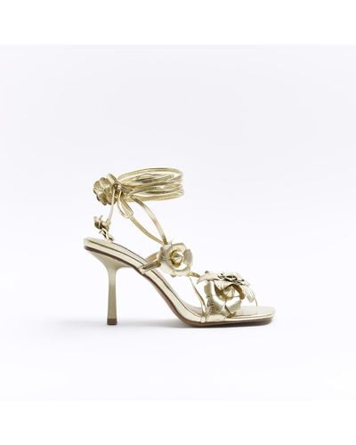 River Island Gold Flower Tie Up Heeled Sandals - Metallic