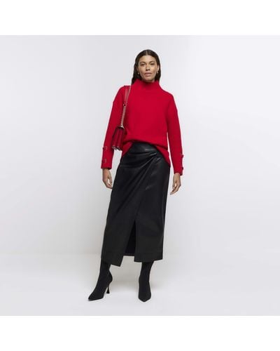 River Island Black Faux Leather Knot Midi Skirt - Red