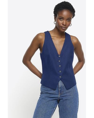 River Island Navy Button Front Waistcoat - Blue