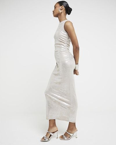 River Island Beige Foil Ruched Bodycon Midi Dress - White