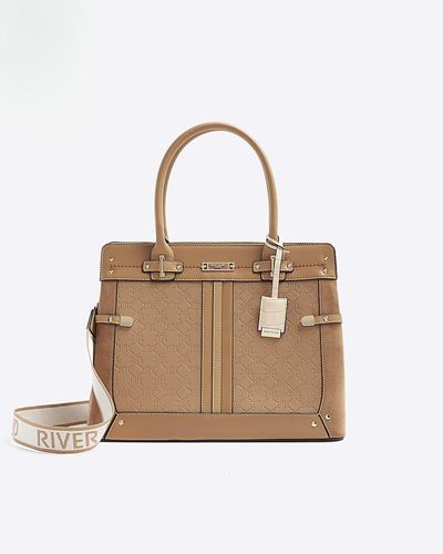 River Island Brown Embossed Ri Tote Bag - Natural