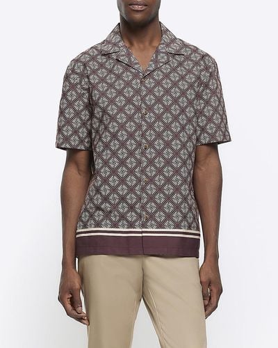 River Island Brown Regular Fit Geometric Revere Shirt - Gray